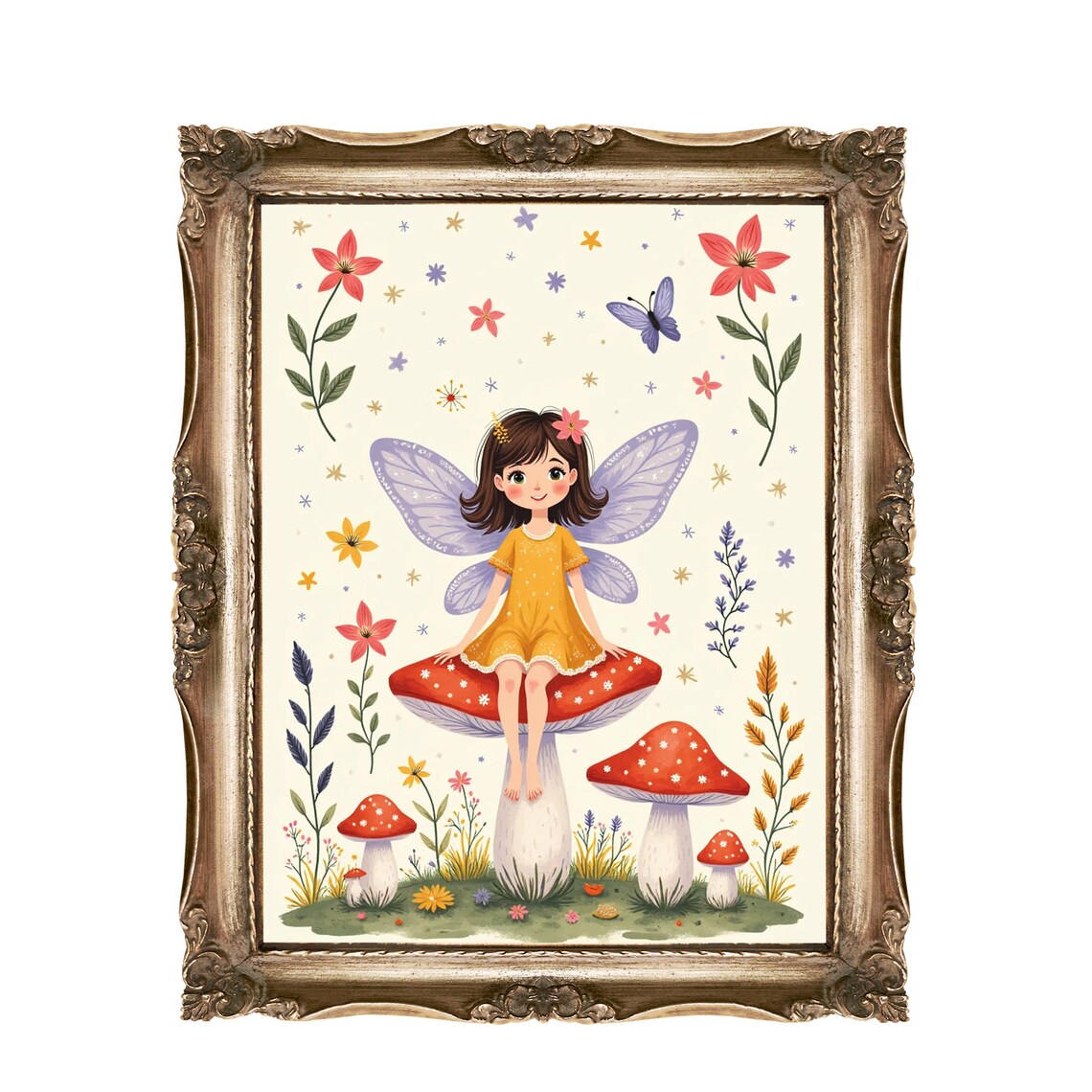 Cute Fairy Girl Sitting on Red Spotted Mushroom Nursery Art Poster