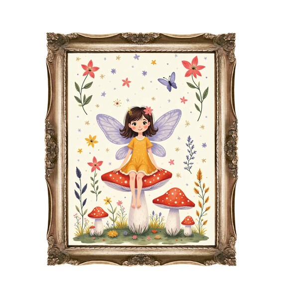 Cute Fairy Girl Sitting on Red Spotted Mushroom Nursery Art Poster