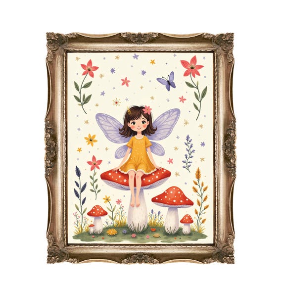 Fairy Wall Art For Kids Mushroom Nursery Whimsical Girl Room Decor Cute Illustration Instant