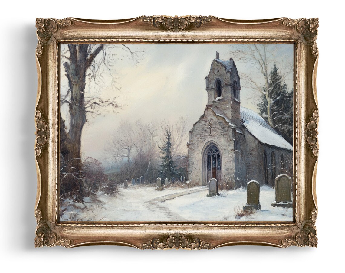 Snowy Village Church Winter Cemetery Vintage Landscape Art Poster
