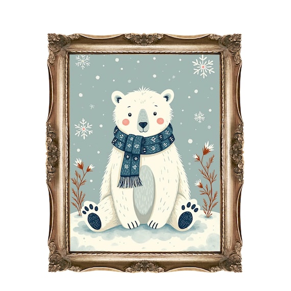 Polar Bear Nursery Print Blue Scarf Snowflake Winter Animal Kids Art