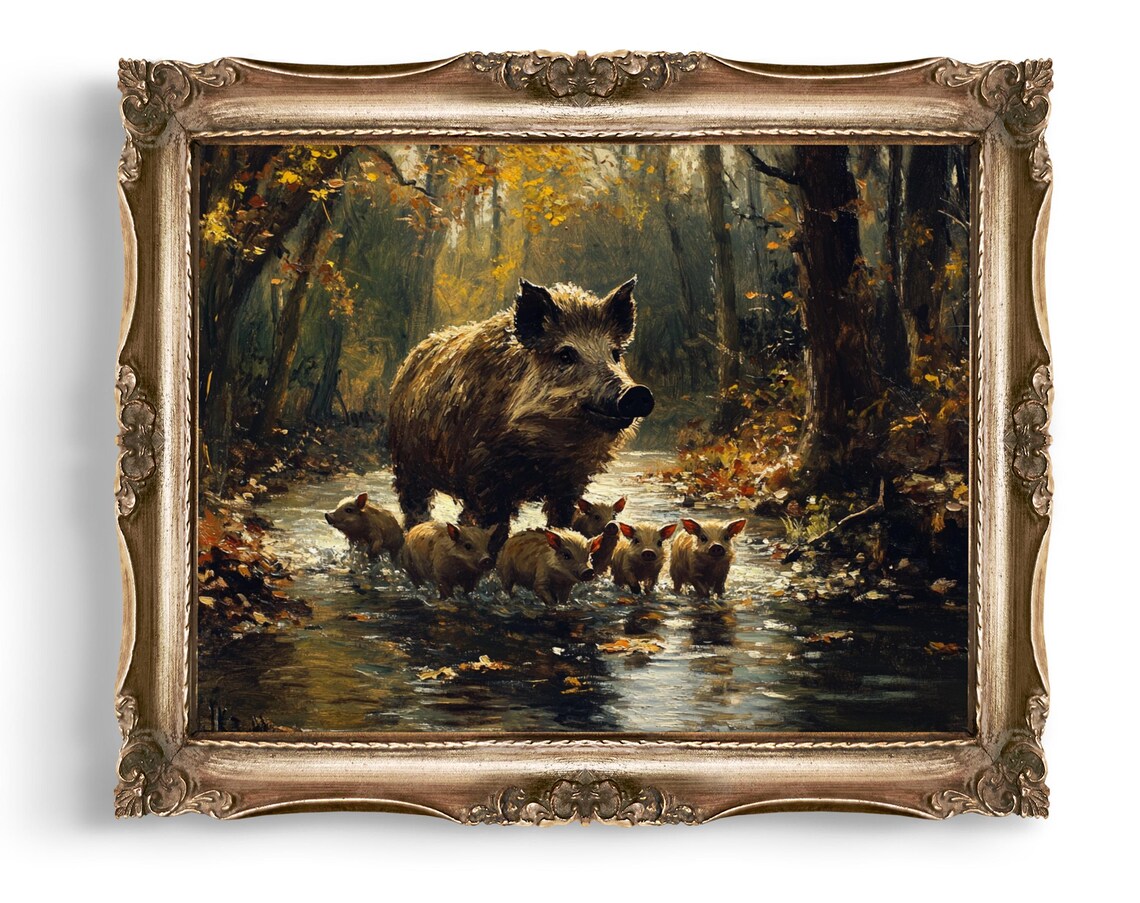 Wild Boar Mother Leading Piglets Across a Forest Stream in Autumn Poster