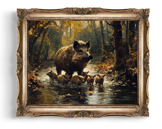 Wild Boar Mother Leading Piglets Across a Forest Stream in Autumn Poster