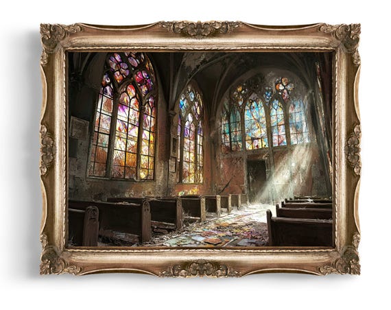 Vintage Creepy Wall Art Gothic Church Print Stained Glass Abandoned Building Decor Dark Academia Instant