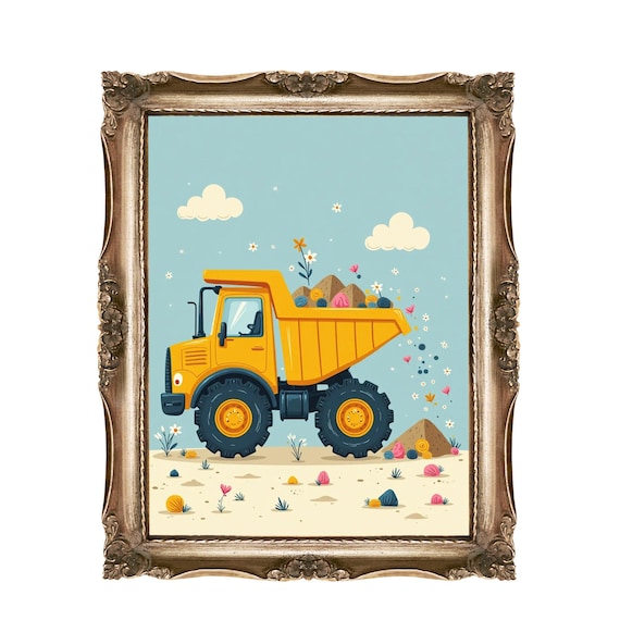 Yellow Dump Truck Hauling Flowers Cute Kids Nursery Wall Art