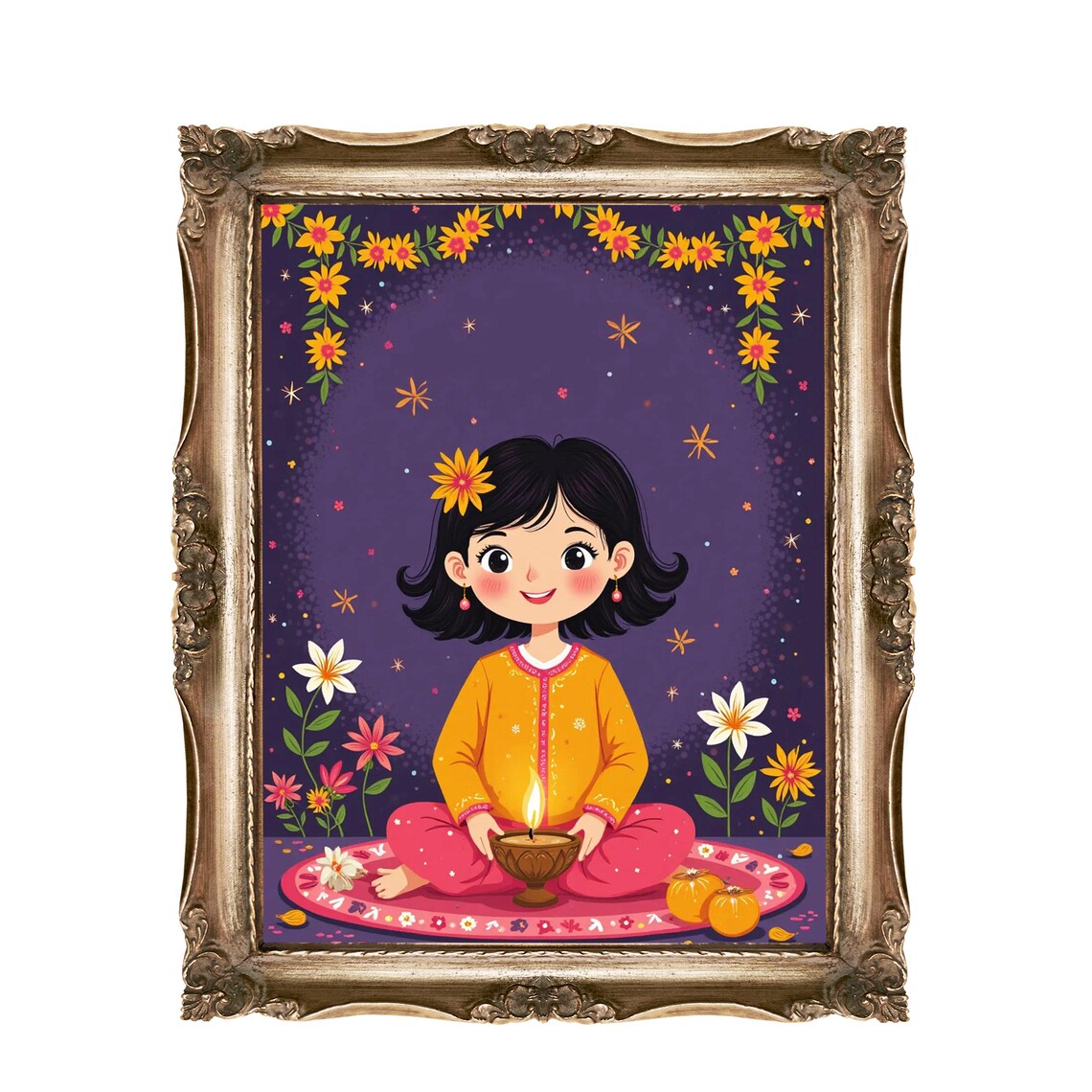 Diwali Girl With Diya Lamp Night Flowers Festive Decor Poster