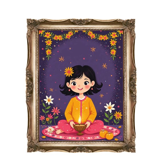 Diwali Girl With Diya Lamp Night Flowers Festive Decor Poster
