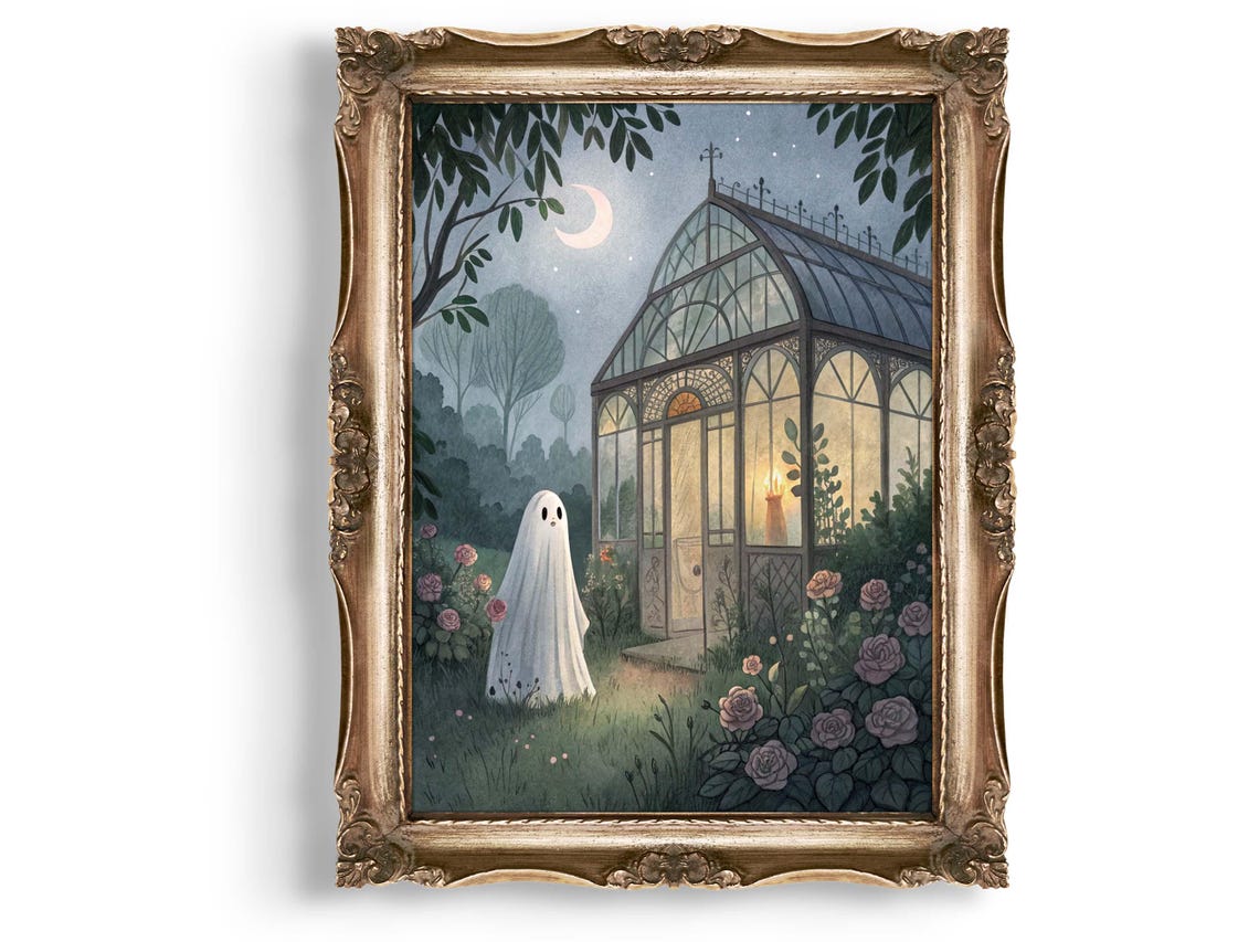 Cute Ghost in Moonlit Rose Garden Greenhouse Halloween Art Poster