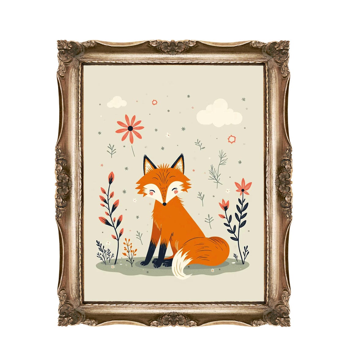 Cute Smiling Fox in Wildflowers Nursery Kids Room Art Poster