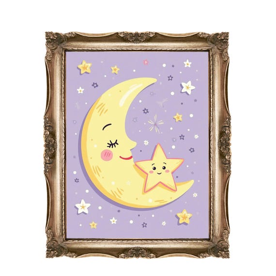 Moon Star Wall Art Kids Nursery Decor Cute Celestial Print Baby Room Instant Smiling