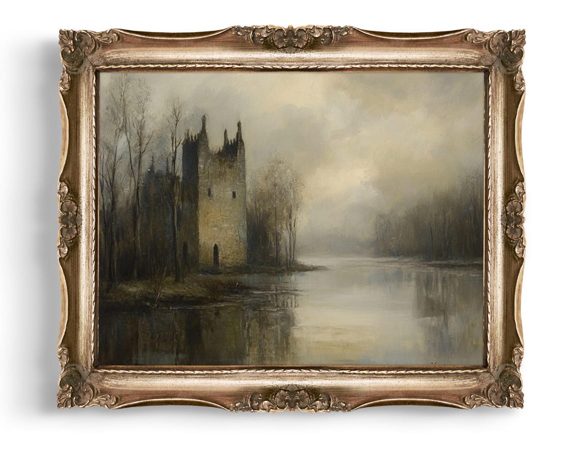 Gothic Castle Ruins Beside a Misty River Dark Moody Wall Art