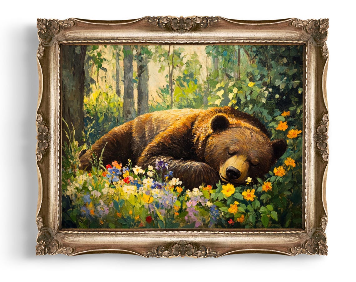 Brown Bear Sleeping Among Wildflowers Forest Wildlife Wall Art
