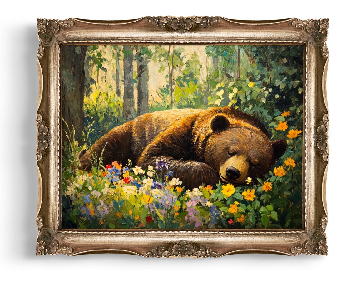 Sleeping Bear Art Wall Brown Print Forest Animal Decor In Flowers