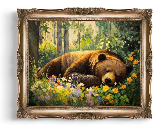 Sleeping Bear Art Wall Brown Print Forest Animal Decor In Flowers