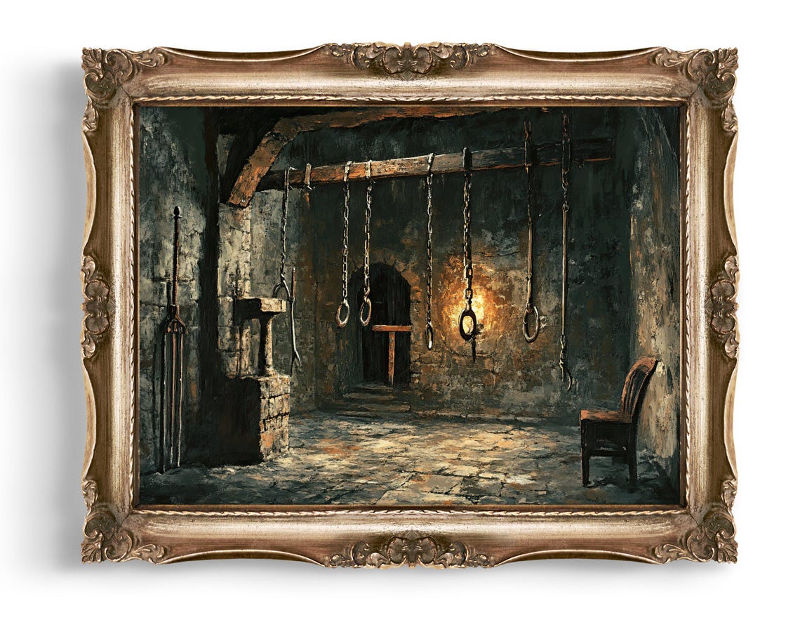 Medieval Torture Chamber Dungeon Chains Vintage Dark Art Poster