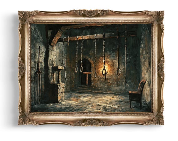 Vintage Style Creepy Wall Art Torture Chamber Print Dark Gothic Home Decor Macabre Prison Chained Rings