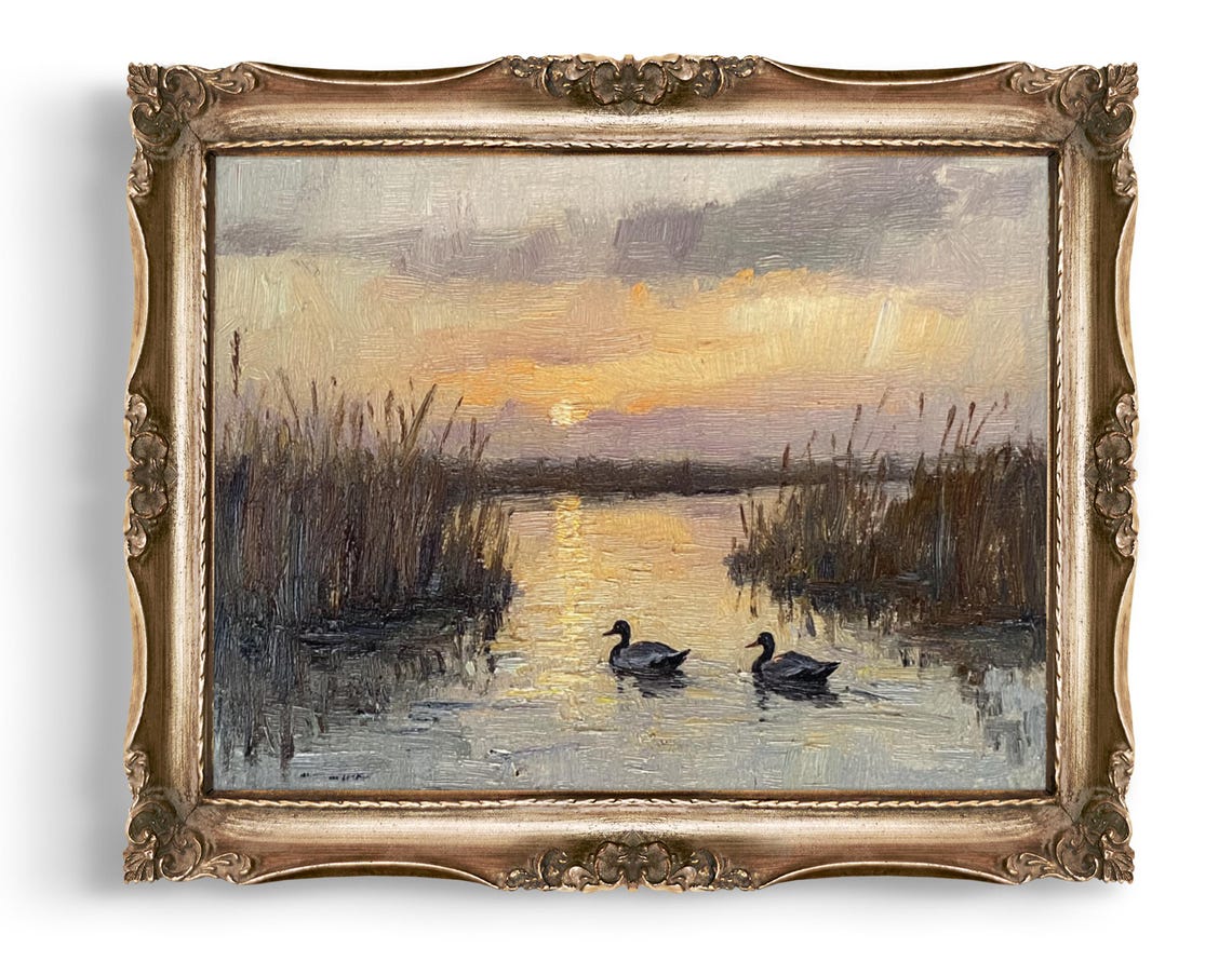 Two Ducks Swimming at Sunset Marsh Pond Oil Painting Wall Art