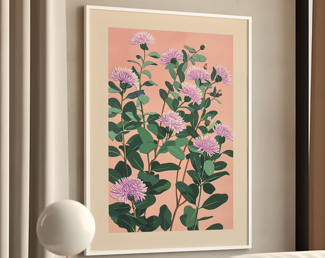 September Aster Birth Flower Botanical Pink Painting Art Poster