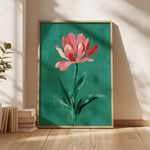 Red Pink Flower On Emerald Green Background Painterly Floral Poster