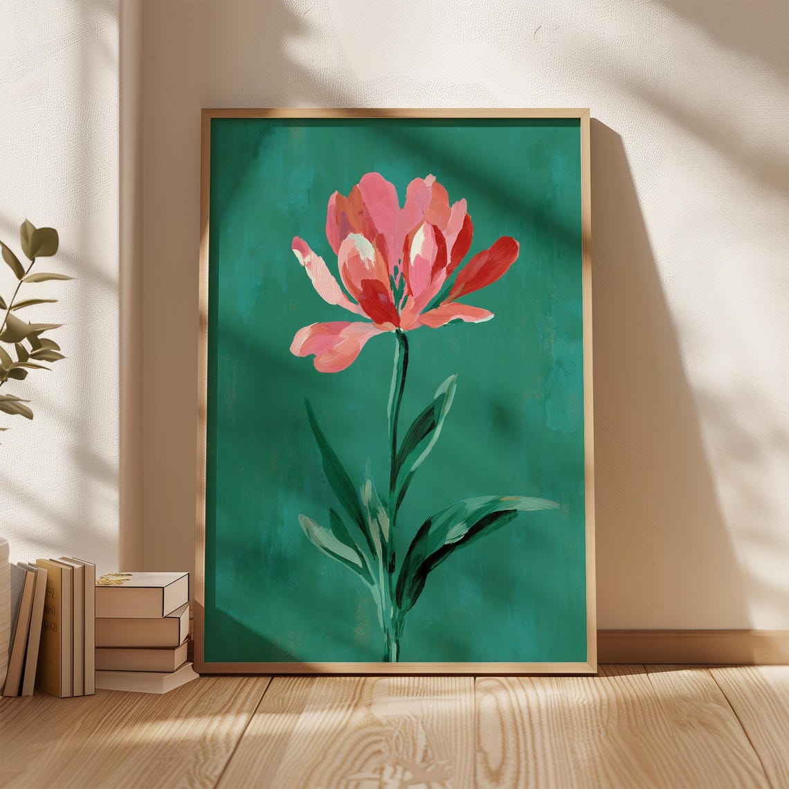 Red Pink Flower On Emerald Green Background Painterly Floral Poster