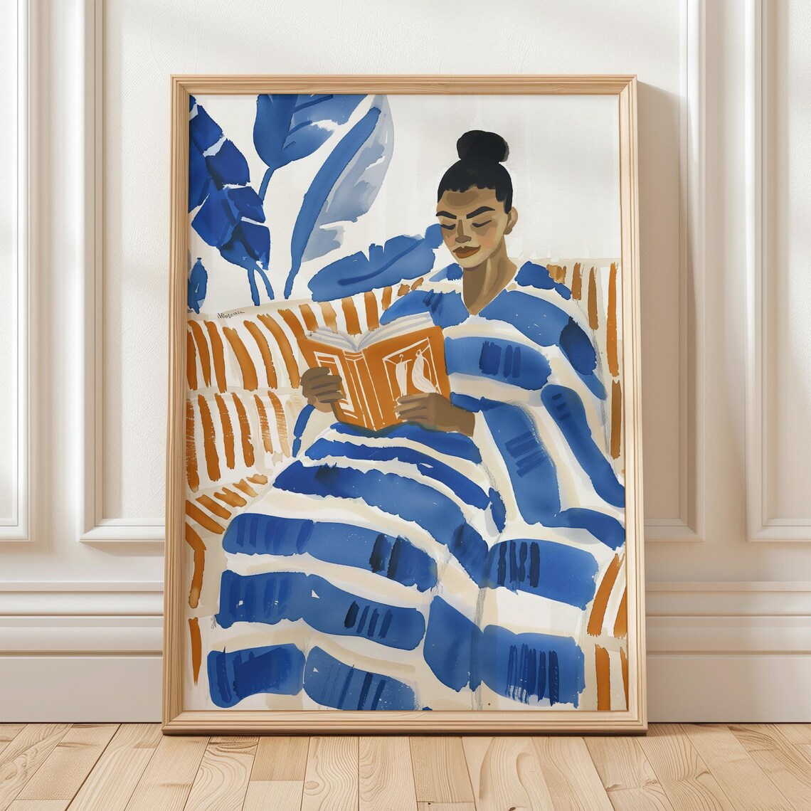 Blue Striped Reading Woman, Relaxed Abstract Art Print