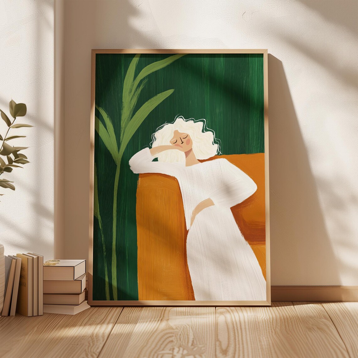 White-Haired Woman Resting in White Dress Modern Minimalist Poster - Image 5