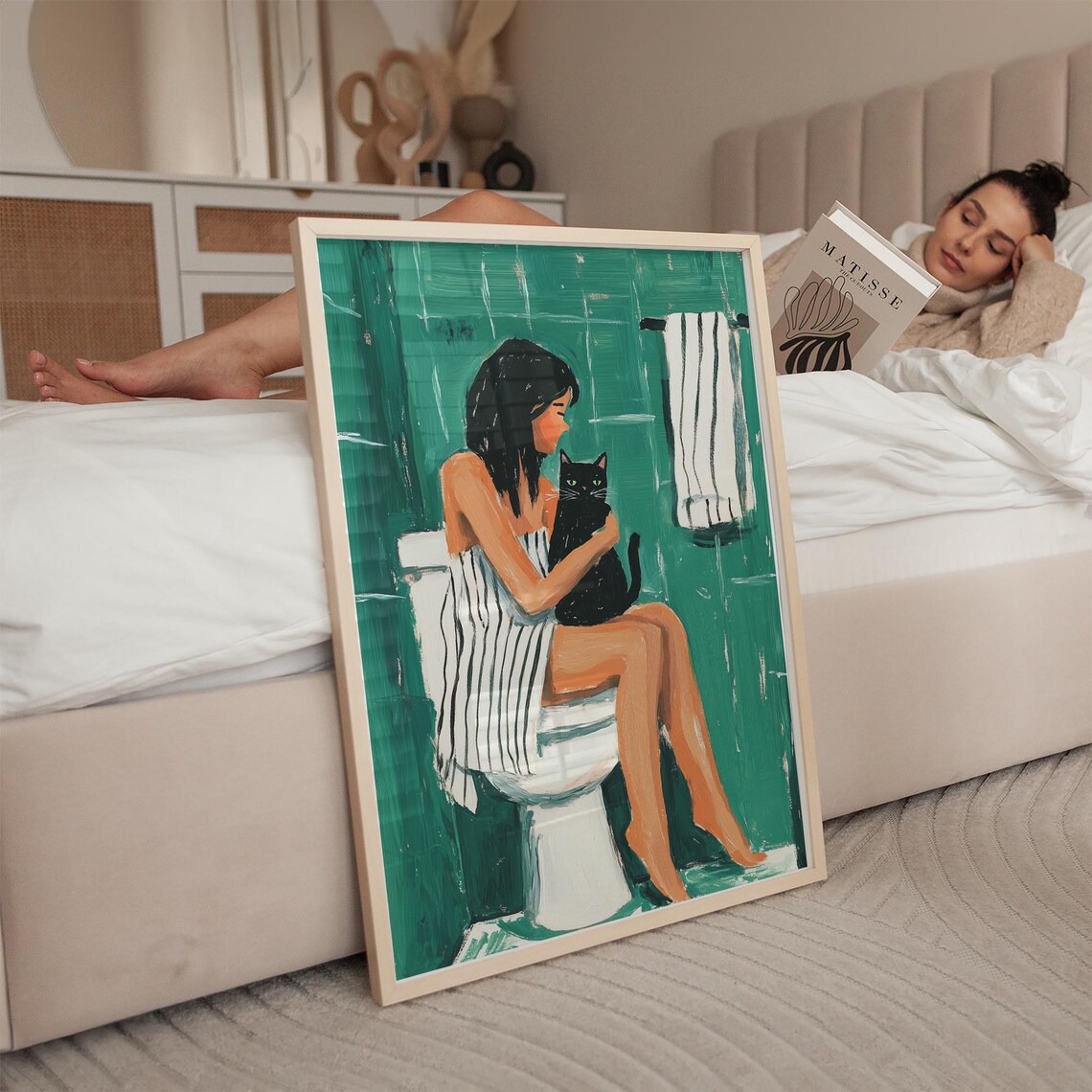 Woman Hugging Black Cat on Toilet Teal Funny Bathroom Art Poster - Image 2