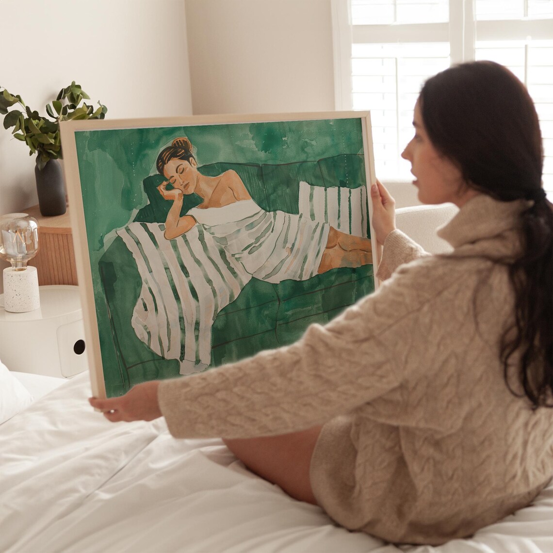 Woman Lounging on Emerald Green Sofa Striped Throw Watercolor Poster - Image 3