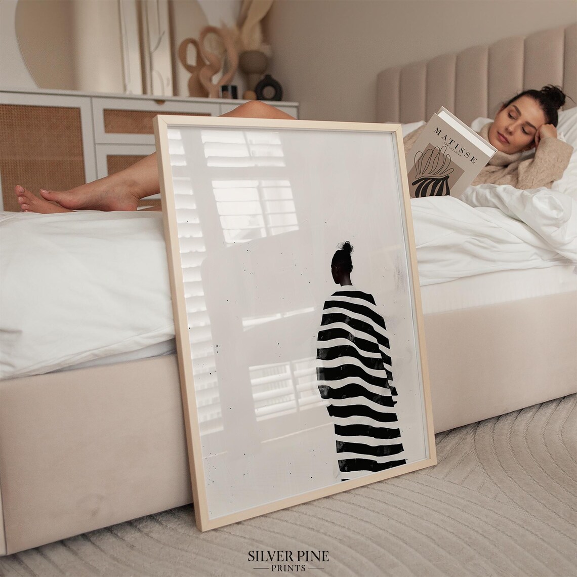 Woman from Behind in Black White Striped Dress Minimalist Poster - Image 3