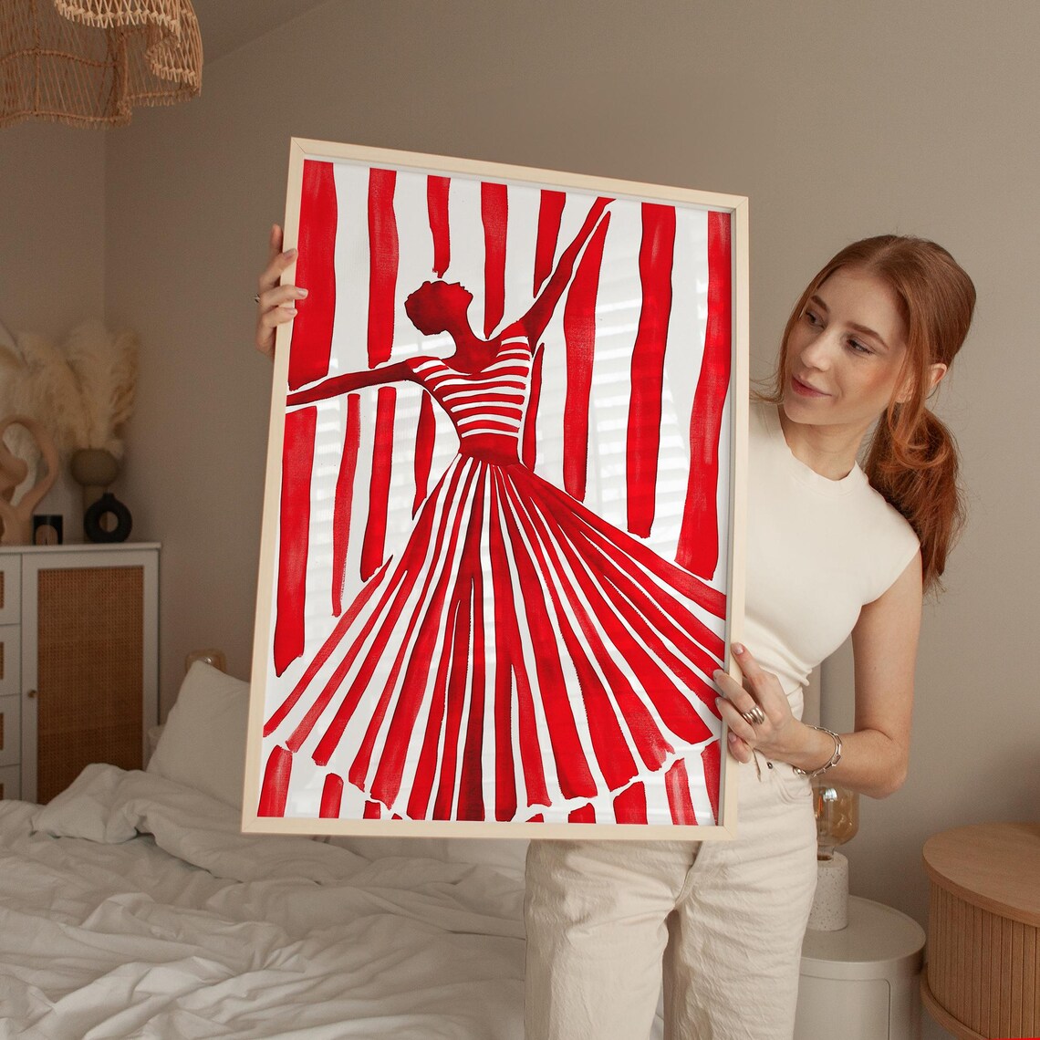 Red Silhouette Dancer With Flowing Striped Skirt Bold Art Poster - Image 5
