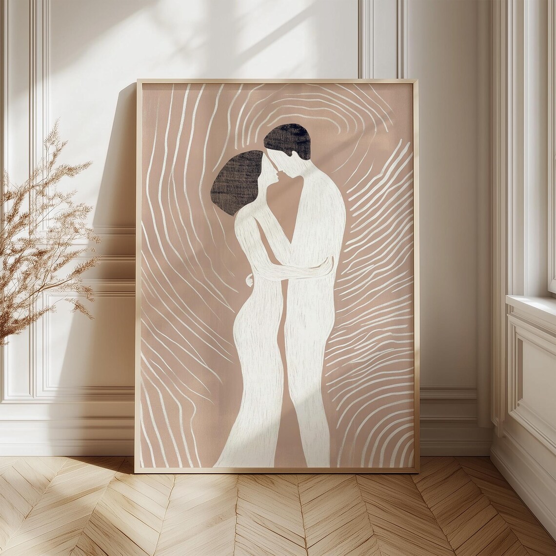 Minimalist Embracing Couple Beige Abstract Line Art Love Poster