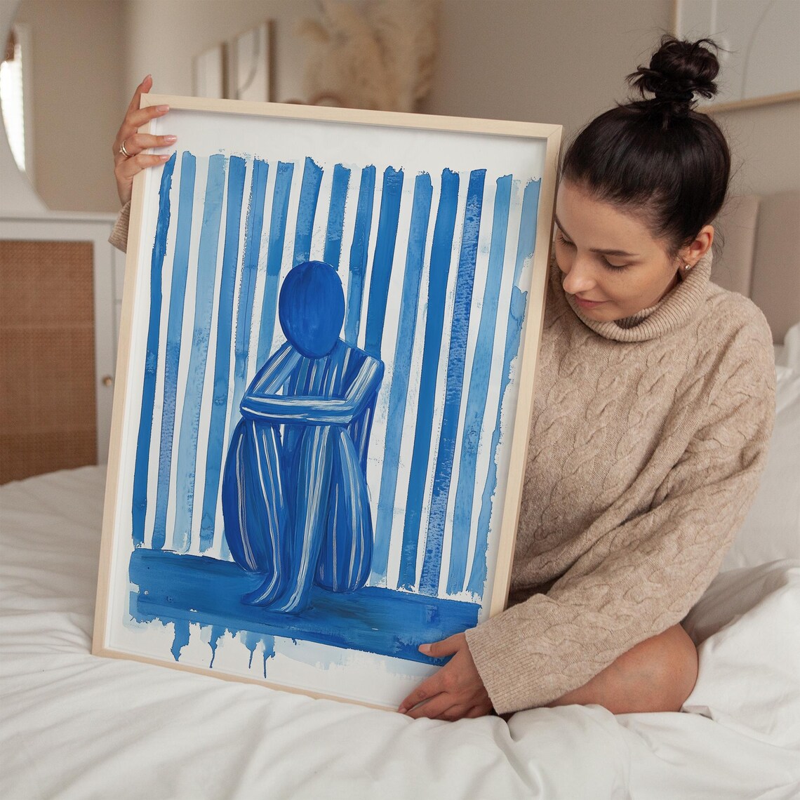 Abstract Blue Striped Figure, Modern Minimalist Art Print - Image 2