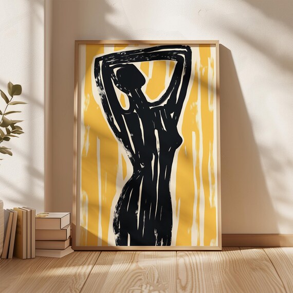 Abstract Black Female Figure Silhouette On Mustard Yellow Wall Poster
