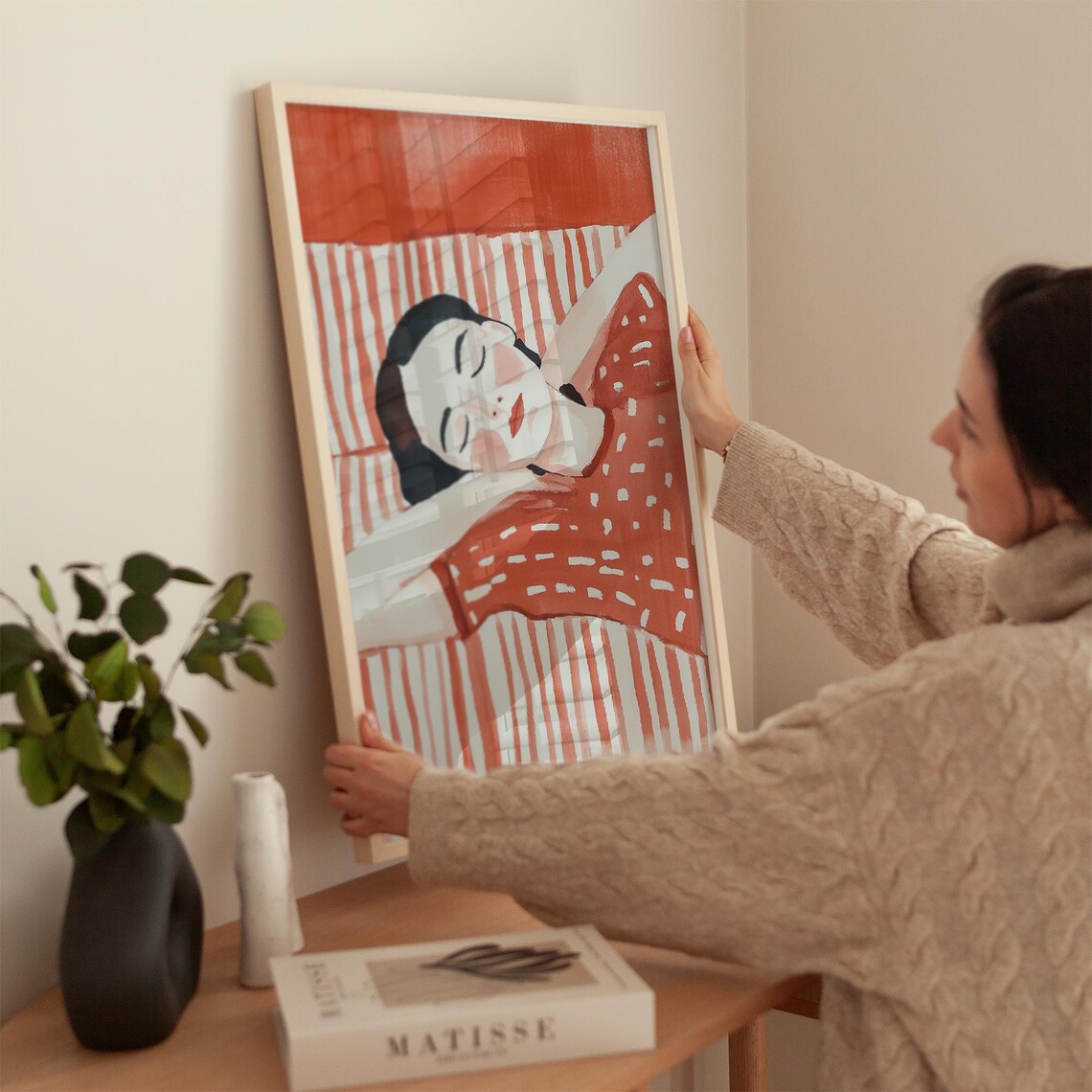 Sleeping Woman in Red Polka Dot Dress Cozy Restful Art Poster - Image 4