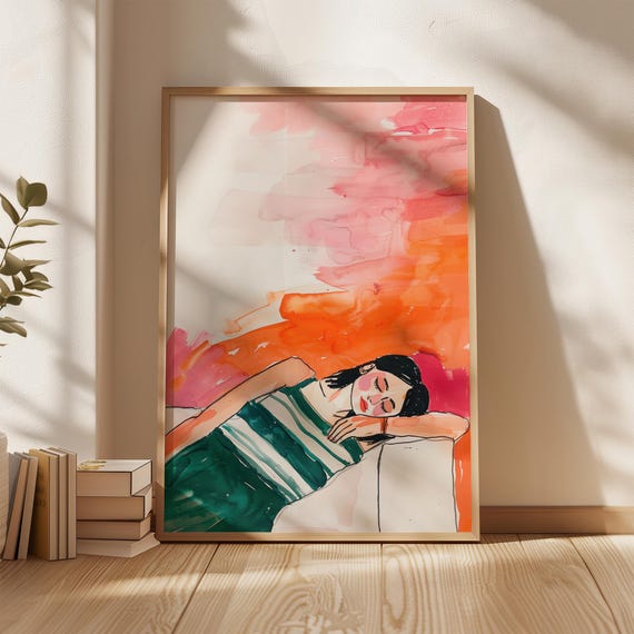 Sleeping Woman Watercolor Fashion Illustration Pink Orange Wall Art Green Striped Dress Calm Pose Colorful Bedroom Girl Poster