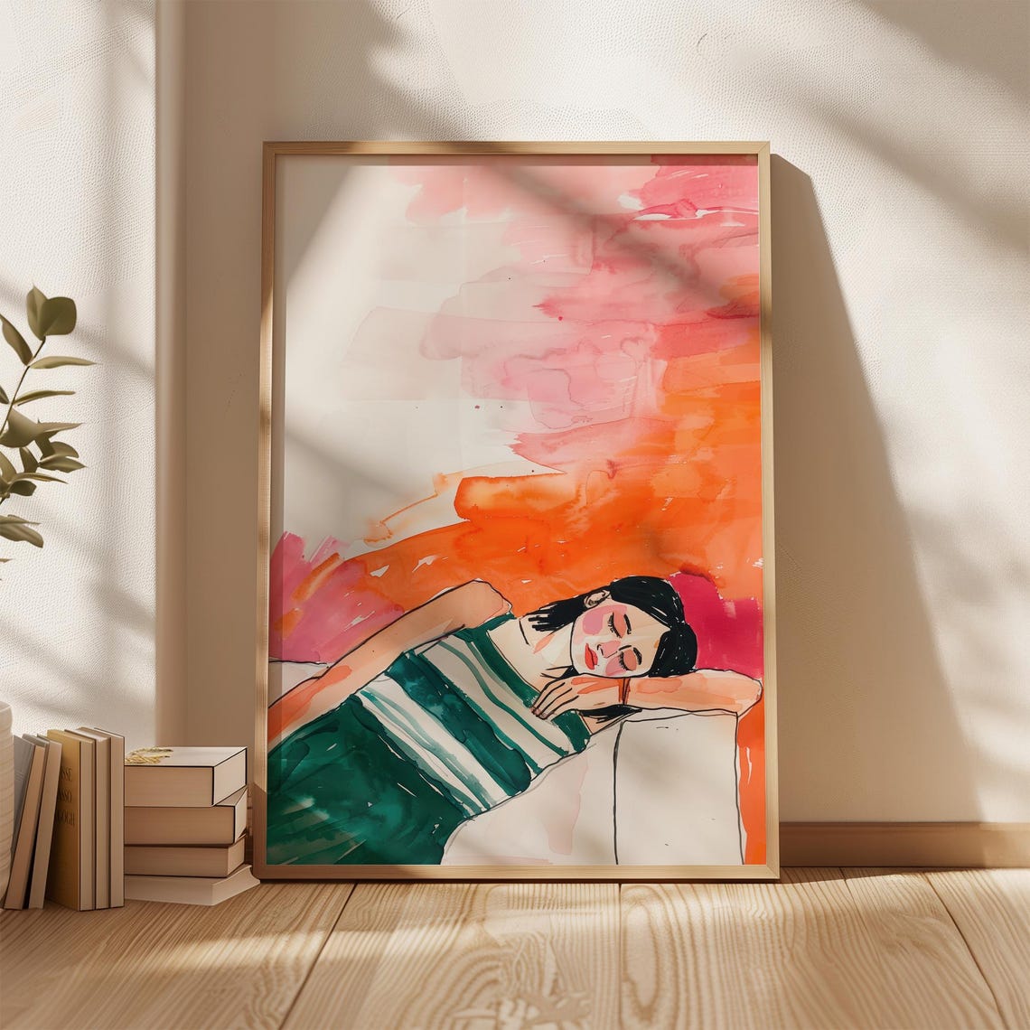 Sleeping Woman Watercolor Fashion Illustration Pink Orange Wall Art Green Striped Dress Calm Pose Colorful Bedroom Girl Poster