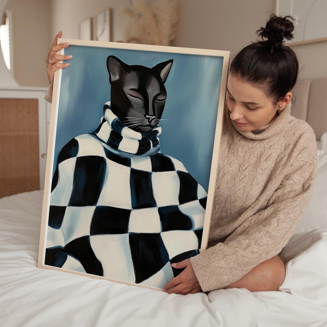 Black Cat In Checkered Sweater Modern Whimsical Portrait Poster - Image 5