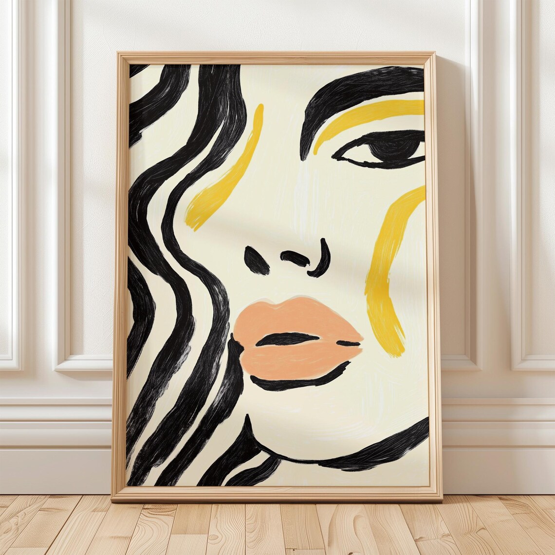 Abstract Woman Face Black and Yellow Line Art Portrait Wall Art