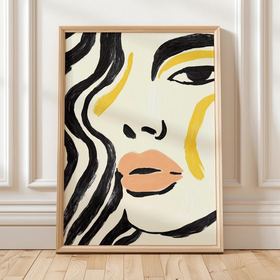 Contemporary Face Wall Art Abstract Portrait Print With Peach Lips And Yellow Brushstrokes