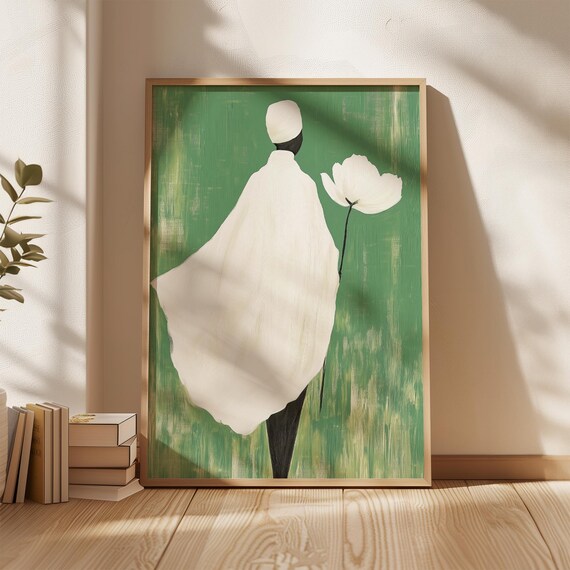 Abstract Figure in White Robe With Flower Green Minimalist Wall Art
