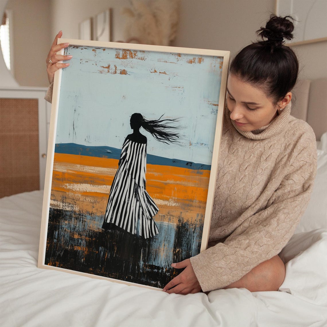 Silhouette In Striped Dress Abstract Desert Landscape Wall Art Bold Minimalist Artwork For Modern Interior Design - Image 3