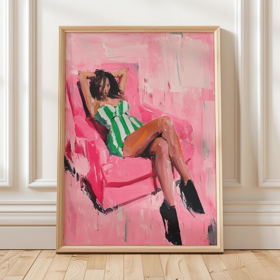 Relaxed Woman In Green Dress, Abstract Art Print