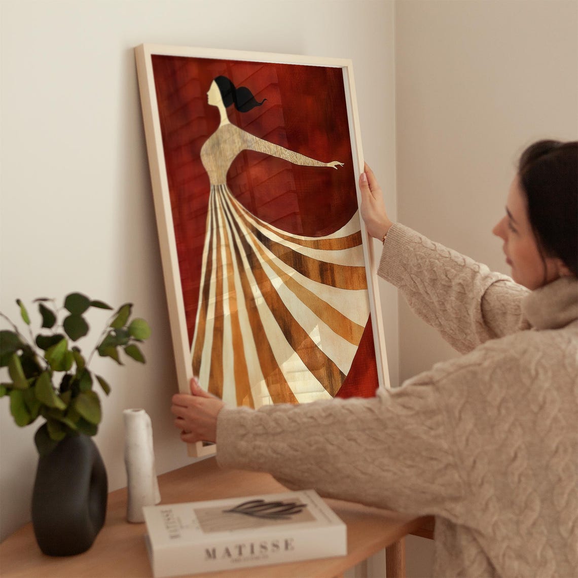 Elegant Woman In Flowing Striped Dress Warm Abstract Wall Art Minimalist Dancer Silhouette Art Print Modern Home Decor - Image 2