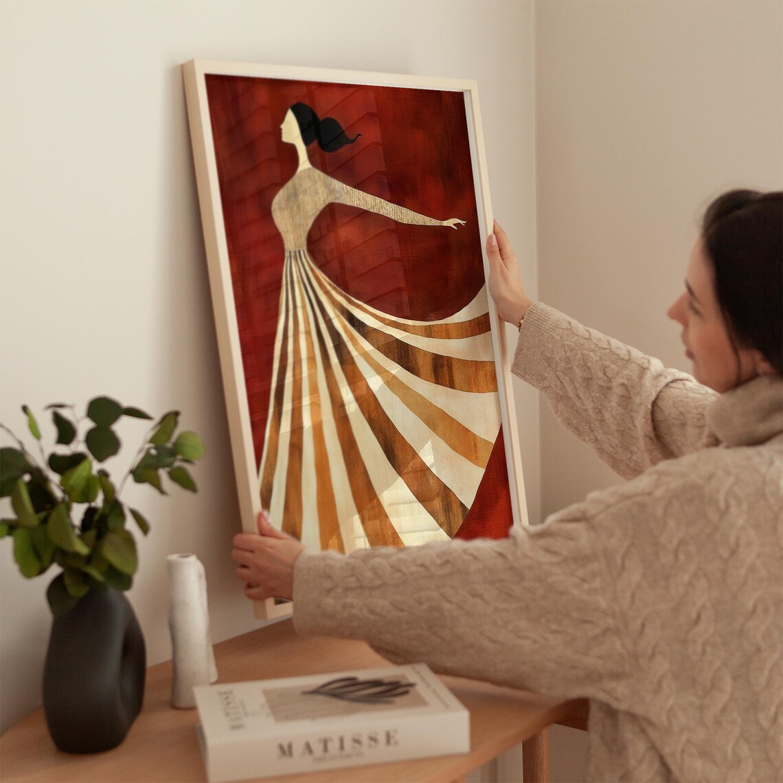Spinning Dancer in Striped Gown Against Deep Red Backdrop Poster - Image 2