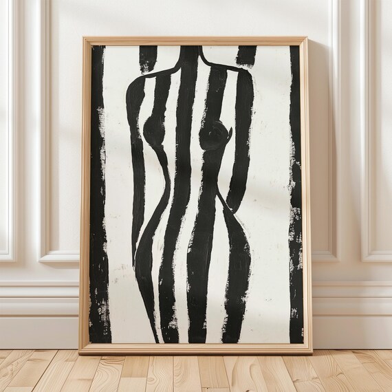 Abstract Female Torso in Black White Vertical Stripes Poster