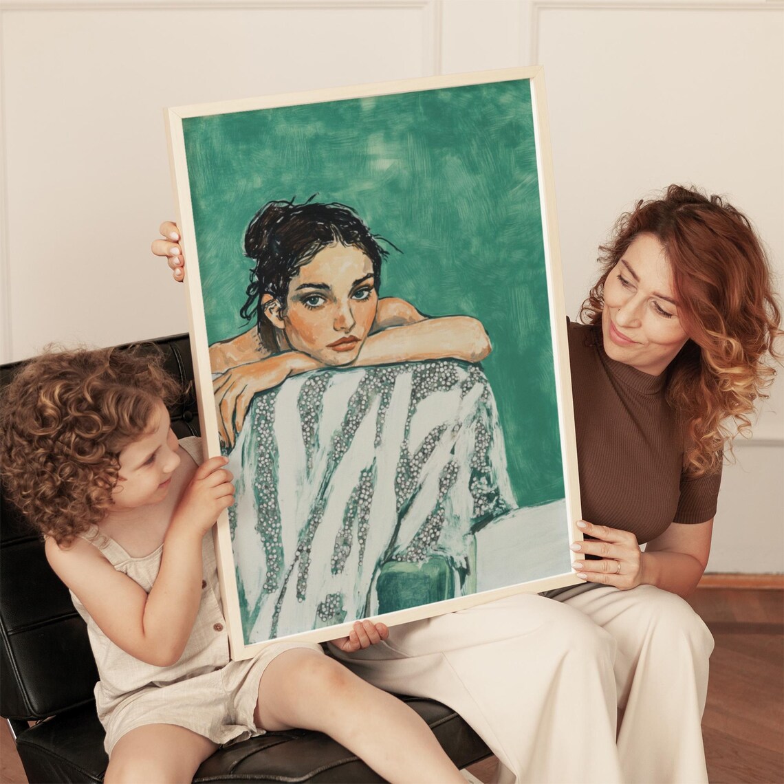Contemplative Woman Portrait Green And Glitter Modern Art Poster - Image 4