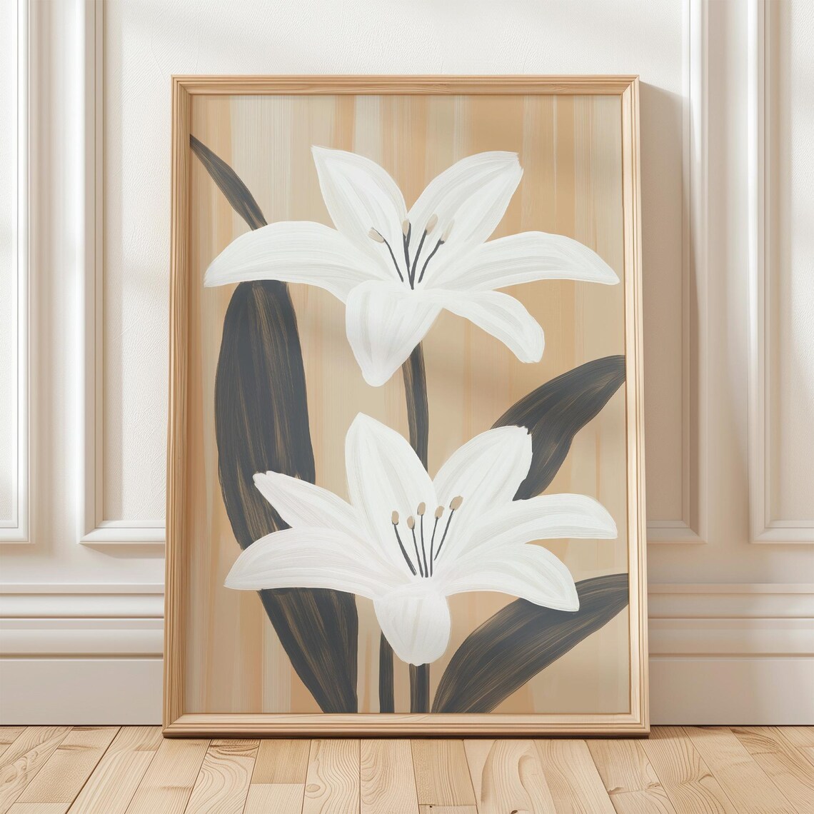 Two White Lilies Dark Leaves Beige Minimal Botanical Wall Art