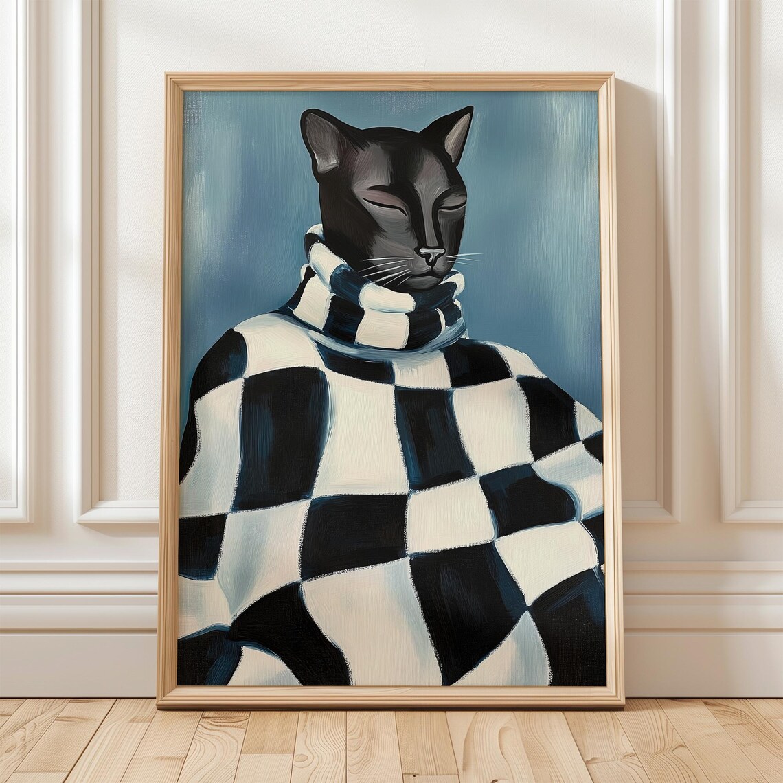 Black Cat In Checkered Sweater Modern Whimsical Portrait Poster - Image 4