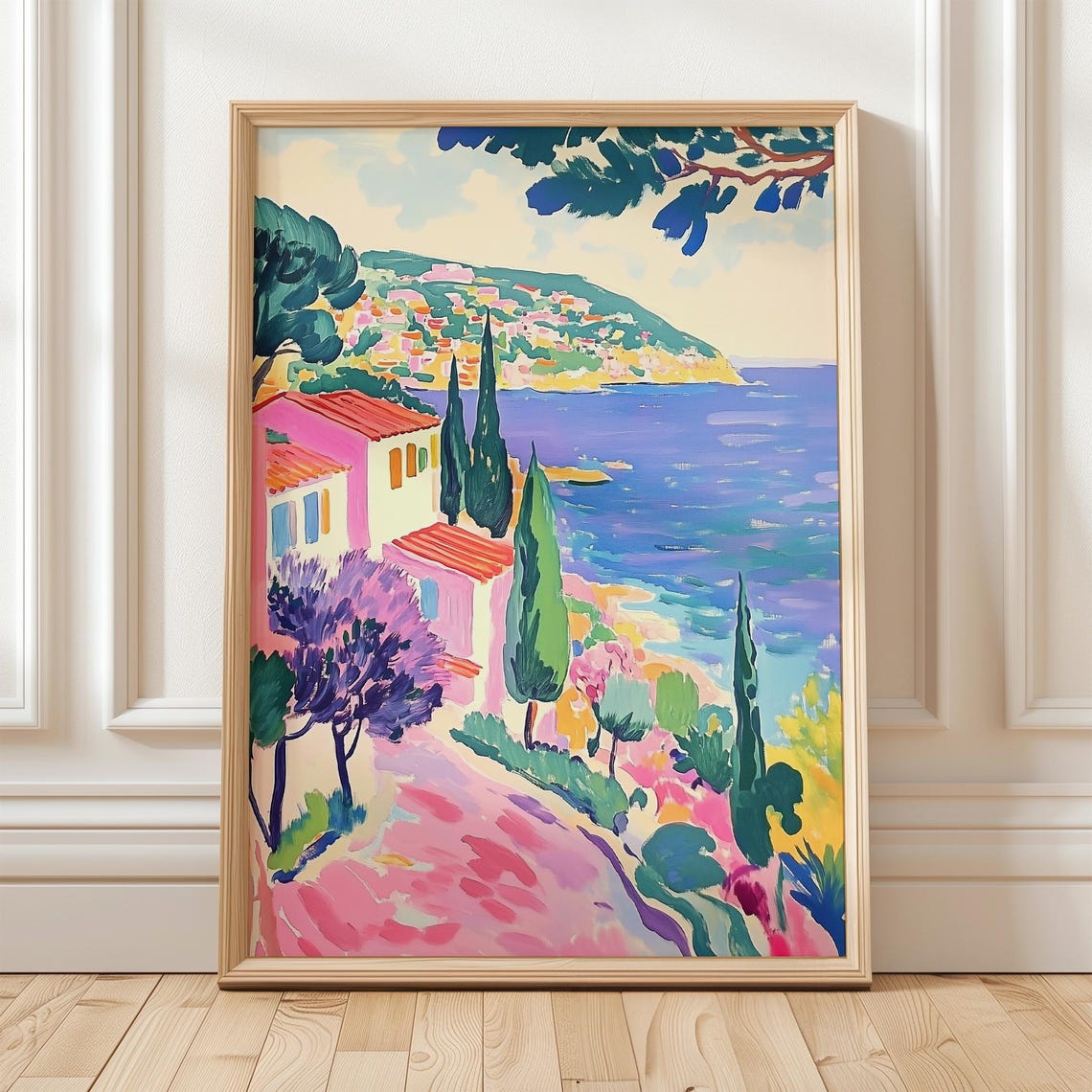 Colorful Mediterranean Coast Print French Riviera Wall Art Vibrant Sea View Painting Summer House Poster Coastal Travel Landscape Decor