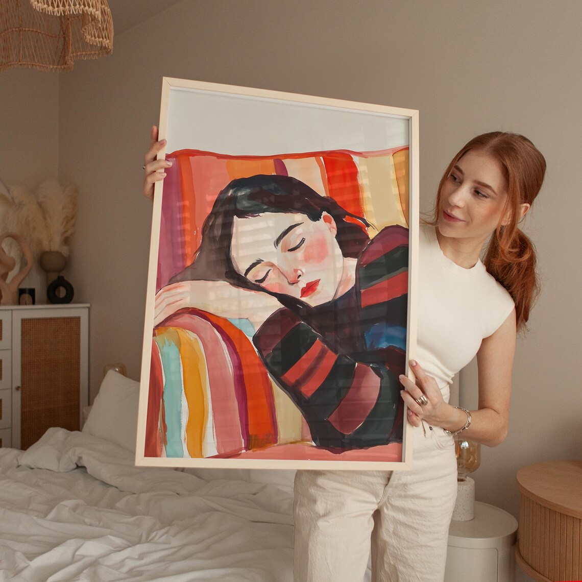 Sleeping Woman On Striped Chair, Modern Abstract Illustration - Image 2